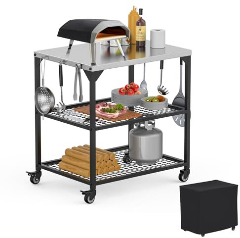 KEESHA Multifunktionaler Pizzaofenständer aus Edelstahl, 80 x 80 x 61 cm, Grillwagen für drinnen und draußen, beweglicher Essenszubereitungswagen mit 3 Ablagen für Ooni, Weber, Blackstone, Ninja