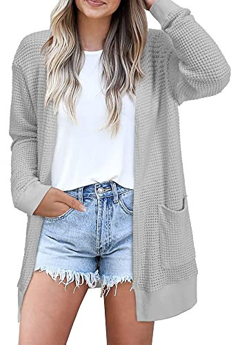 STYLEWORD Cardigan Ladies Chaqueta de Manga Larga Ligera para el Verano Jersey de Punto con Bolsillos Abiertos por Delante(Gris Claro,L)