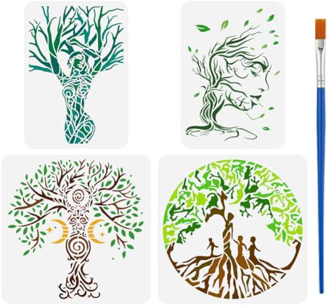 FINGERINSPIRE 4Pcs Pochoir de Dessin D'Arbre de Vie Avec Un Pinceau 2 Tailles Modèle de Peinture D'Arbre de Déesse Forme Humaine Arbre Lune Étoile Spirale Pochoir pour Peinture Bois Mur Tissu Meubles