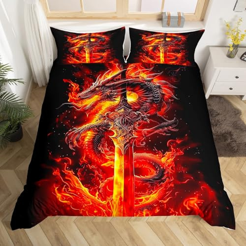 Homewish Feuer Drachen Bettbezug 3D Drachen Thema Bettwäsche Sets für Kinder Jungen Teens Wilde Tier Druck Tröster Abdeckung,Schwert Drachen Red Feuer Thema Bett Set Schlafzimmer Dekor 135x200