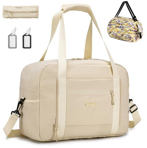 SPAHER Handgepäck Tasche 40x30x15 British Airways Air France Faltbare Reisetasche Sporttasche Groß Weekender Damen Herren Gym Bag Tasche wasserdichte Duffle Bag Carry On Fitness Bag Beige