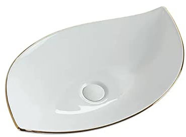 Lavabo de cerámica Blanca de Porcelana con desagüe automático, Forma de Hoja, 89 cm de Largo x 40 cm de Ancho x 8,9 cm de Profundidad.,