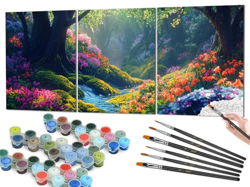 Bougimal Peinture par numéros pour Adultes, avec pinceaux et peintures acryliques, Triptyque, Forêt, 3 Pièces 40x50cm(Sans Cadre)