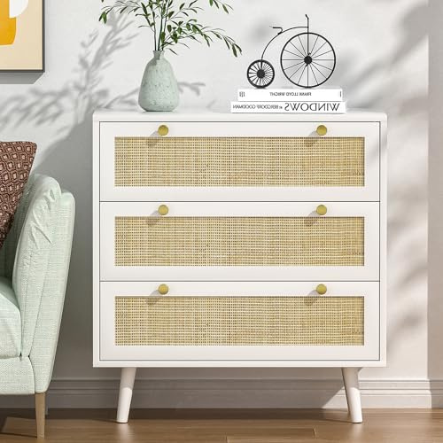 Yvsevnr Commode en Rotin Chambre Adulte et 3 Tiroirs pour Salon | Meuble de Rangement Spacieux et Élégant pour Chambre, Salon et Entrée, Couloir, Anti-Bascule, Pieds en Bois Massif 80x40x92CM
