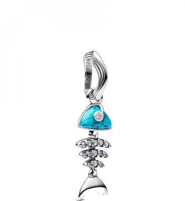 Pandora Moments 793894C01 Breloque en forme d'arête de poisson turquoise en argent sterling avec zircone compatible avec les pendentifs Me and Moments, 4,6x15,2x7,3 mm, Argent sterling, Zircone