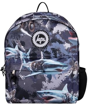 hype school uni casual work hiking day backpacks for kids boys girls teens men and women (Grey Mechanic Sharks, One Size)