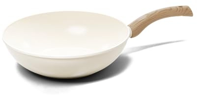Cook&Pan Wokpfanne Induktion 30cm - Wok Pfanne mit [Greenshield] Antihaftbeschichtung PFAS & Teflon-frei - Tiefe Bratpfanne (9,5cm) Non Stick Pan [Ofen- & Spühlmaschinenfest] - Creme