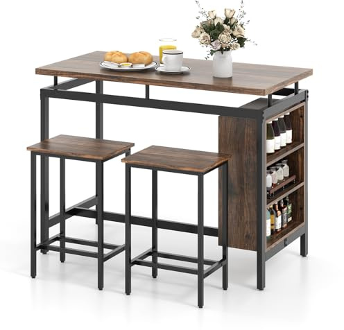 GiantexUK 3PCS Dining Table Set, Space-Saving Kitchen Table and Stools Set with Floating Tabletop, Storage Shelves & Footrests, Metal Frame Bar Set for Dining Living Room Pub