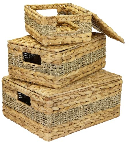 HMF Aufbewahrungskorb mit Deckel, 3er-Set, Korb geflochten aus Wasserhyazinthe und Seegras | Klein, Mittel, Groß