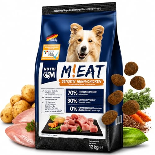 NutriQM® Sensitiv Trockenfutter Getreidefrei | 12 kg | Monoprotein Huhn 70% | Hundefutter Trocken Sensitiv für empfindliche Hunde | Ohne Zusatzstoffe | Mit Omega 3 aus Lachsöl | Made in Germany