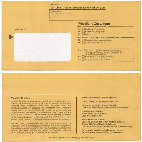 Postzustellungsumschläge DIN Lang „ Förmliche Zustellung “ - Zustellungshüllen mit Fenster (110 × 220 mm), Recycling-Gelb, haftklebend - ZPO-konform (DIN Lang, 100, Anzahl)