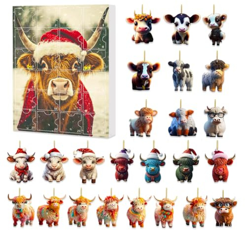 Highland Cow Adventskalender 2025 Acryl Dekoration 24 Tage Der Überraschung Countdown-Kalender Cute Cow Hängende Animal Christmas Ornamente Für Weihnachtsbaum-Deko