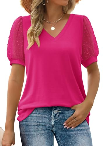 Aokosor T Shirts for Women V Neck Tops Ladies Swiss Dot Puff Sleeve Summer Tee