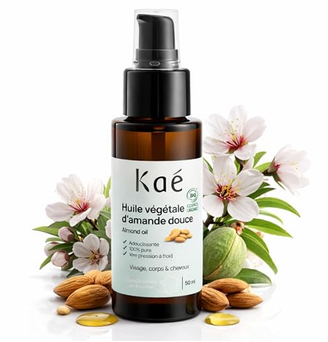 KAÉ Huile d’Amande Douce Bio 100% Pure Conditionnée en France – 1ère Pression à Froid, Nourrit, Apaisante Visage Corps et Cheveux, Idéale Peaux Sensibles, Huile Bébé, Femme Enceinte et Vergetures 50ml