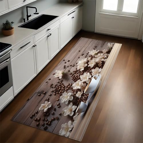 Brown Teppich Läufer Flur Küche Kaffee und Blumen rutschfest Waschbar Lang Küchenläufer Küchenteppich Teppich für Eingangsbereich Wohnzimmer Schlafzimmer 60 x 180 cm