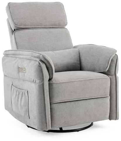 Karl home Recliner Armchair, Swivel Rocking Chair, Reclining Lounge Sofa | Includes Extended Footrest, Type C+USB Ports, Dual Side Pockets, Pillow, Adjustable High Back Single Chair, Light Grey