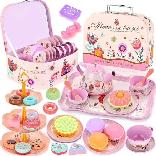 NCKIHRKK Teeservice Kinder, 46 Teile Puppengeschirr Kinderküche Tin Teekanne Set, Spielküche Zubehör für Kinder Küche Tee Party, Rollenspiele für Spielzeug Mädchen 3 4 5 6 7 Jahre Geschenkideen