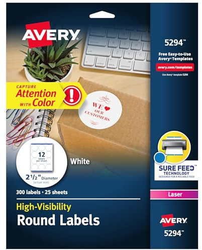 Avery Round Printable Labels, 2.5 Diameter, Matte White, Sure Feed Technology, Laser & Inkjet Compatible, 300 Blank Labels Total, Great for Branding, Packages, School Supplies, and More (5294)