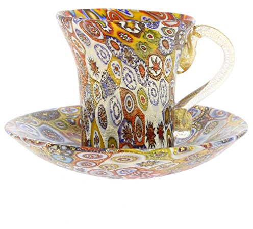 Glass Of Venice Murano Glass Millefiori Golden Quilt Cup and Saucer
