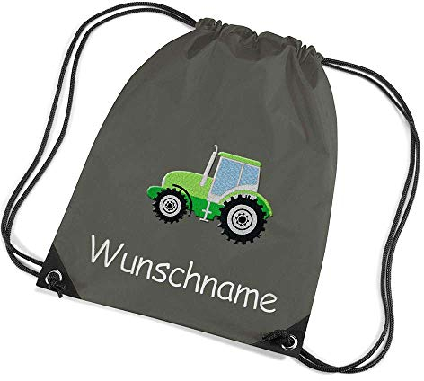 Feenstickerei Turnbeutel Traktor Bestickt mit Namen personalisiert Olive Sportbeutel Schuhbeutel Schwimmbeutel Wäschebeutel 45x33 cm