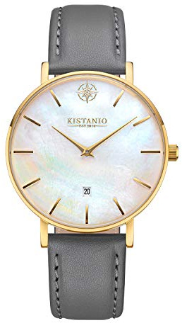 Kistanio Moyen Flache Damenuhr mit Lederband Saphirglas 38 MM Durchmesser Edelstahl Datum Verschiedene Variationen