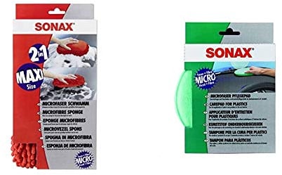 SONAX Microfaser Schwamm (1 Stück) für die besonders gründliche Autowäsche mit Microfaser-Seiten & MicrofaserPflegePad (1 Stück) für gleichmäßiges Auftragen von Kunststoffpflegemitteln im Innenraum