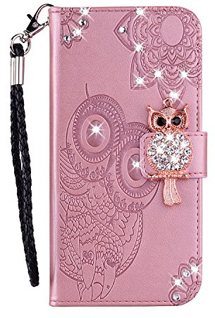 for iPhone SE 2020 / iPhone 8 / iPhone 7 Phone Case Owl, Glitter Diamonds Bling Shockproof PU Leather Flip Wallet Cases Magnetic Folio TPU Bumper Protective Cover with Stand Card Holder, Rose Gold