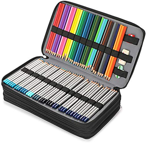 BSTKEY PU Pencil Case Students Pen Wrap for Colored Pencils - Large Capacity 300 Pencil Holder Pouch Storage Bag Stationery Organizer, Black (No Pencils)