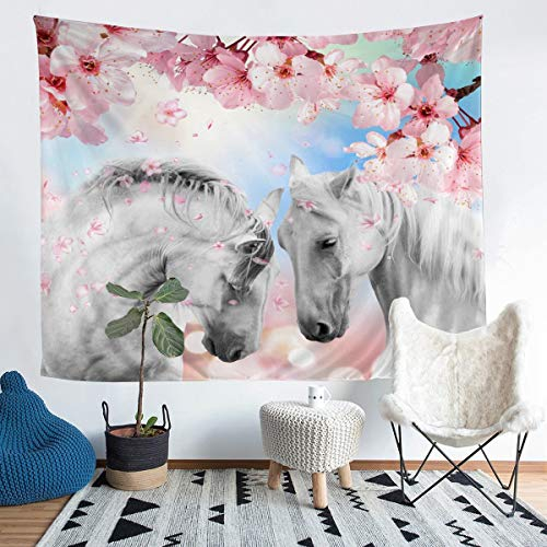Tbrand Pferd Wandteppich Paar Weiß Galoppierendes Pferd Wandbehang für Kinder Kirschblüten Gedrucktes Tapisserie 130x150cm Wildtierzweige Wandtuch Raumdekoration