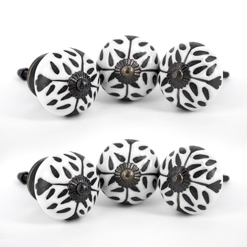 owlKraft Handmade Flower White Ceramic Stone Cabinet Knobs, Vintage Decorative Drawer Pulls for Trendy Cabinets, Modern Dressers & Cupboards, Knobs for Kitchen & Furniture - Set of 6