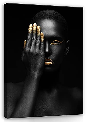 WallArena - Leinwand Bilder - Frau Schwarz Gold Goldene Lippen - 100x75 cm Leinwandbilder - Bild auf leinwand - Wandbild XXL groß Wandbilder für Wohnzimmer Schlafzimmer Wohnzimmerbilder Modern