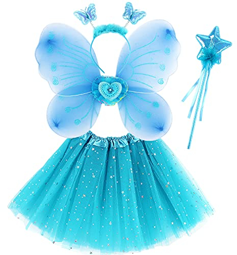 M MUNCASO Girls Fairy Costume Set - Butterfly Wings, Magic Wand & Headband for 3-8 Years (Blue)