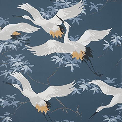 Sample Blue Grey Cranes Wallpaper Crown Birds Floral White Yellow Flower
