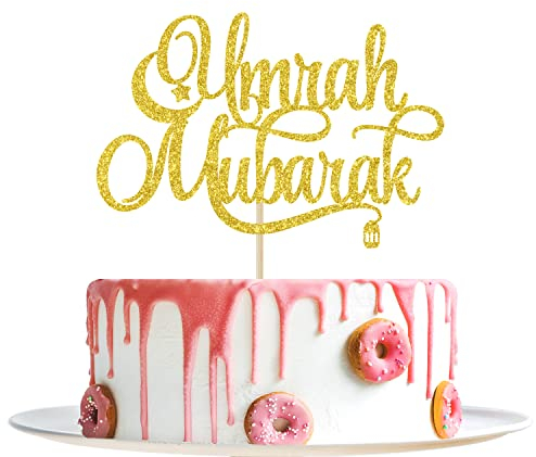 Gold Glitter Umrah Mubarak Cake Topper - Eid Mubarak Decorations - Ramadan Mubarak Islamic Photo Props for Wedding/Baby Shower/Birthday Party Decorations