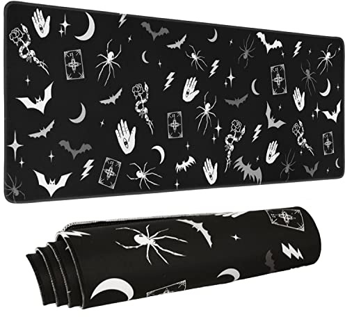 Goth Mauspad XL, Gothic erweitertes großes Gaming-Mauspad, schwarz-weiß, Spinne, Fledermaus, langes großes Mauspad, gruselige Halloween-Hexe, Gothic, Schreibtischzubehör, 80 x 30 cm
