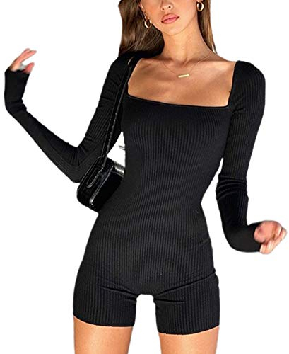 RTGSE Frauen Sexy Strickoverall Langarm Streifen bedruckter Strampler mit Kragen, Figurbetonter einteiliger Bodysuit Playsuit Y2K Streetwear (Black, Small)