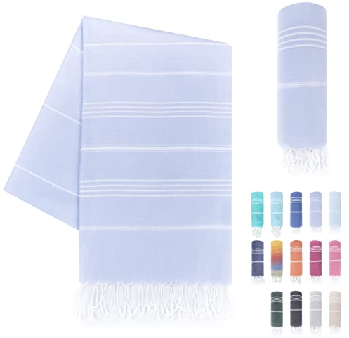 LAYNENBURG Premium Hamamtuch mit handgeknüpften Fransen - 100% Baumwolle - Strandtuch 95x180 cm - Oeko-TEX 100 - Strandhandtuch groß - Saunatuch & Reisehandtuch (Hellblau)