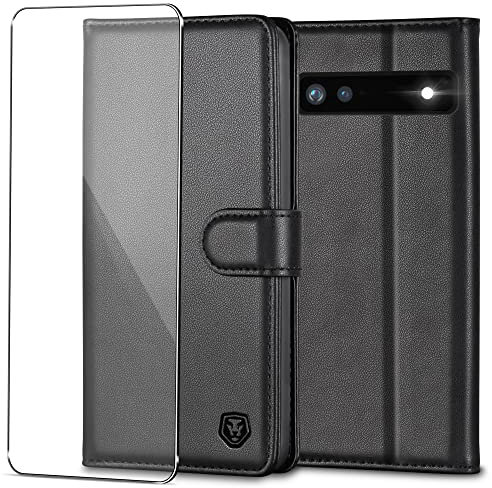 Handyhülle für Google Pixel 6A Hülle mit Panzerglas Schutzfolie Premium PU Leder Pixel 6A Klapphülle Brieftasche Kartenfach Ständer Magnet Handytasche Case Schutzhülle für Google 6A 5G - Schwarz