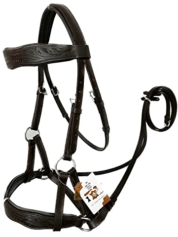 AMAZING HORSE STUFF Sidepull gebisslose Trensenzaum mit Designer-Handschnitzerei auf Augenbraue & Nasenriemen gebogen, Braun (Full, Cob, Pony) (Pony)