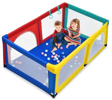 LIFEZEAL Baby Laufgitter 192x122x69cm, Laufstall Absperrgitter mit atmungsaktivem Netz, Krabbelgitter mit Reißverschlusstüren & Spielbällen, Kinder Aktivitätszentrum Indoor & Outdoor (Bunt)