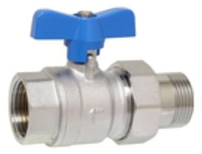 Kugelhahn KHKV 12, Ø G 1/2 mit Verschraubung Silber Blauer Knebelgriff Messing