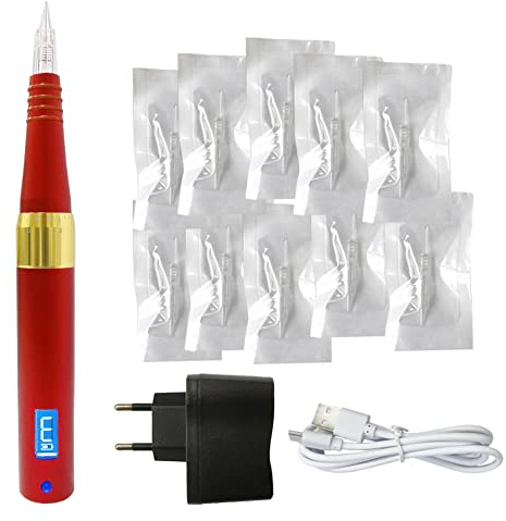 MTSM Kabellos Permanent Makeup Maschine Stift Rotary Machine Tätowierungsstift Augenbrauen Microblading Pen Set 10 Stück Tattoo Nadeln für Microblading Shading Augenbraue Eyeliner Lippen K743 (Red)
