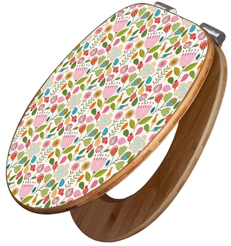 banjado Design WC Sitz Bambus Absenkautomatik 45,8x37,5cm - Toilettendeckel mit Absenkautomatik Holz - hochwertiger Bambus Klodeckel - WC-Sitz für gängigen Toiletten - Motiv Rosa Kelch Hell