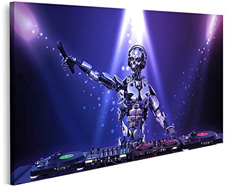 islandburner Bild auf Leinwand Dj Roboter Disc Jockey Cyborg Halten Mikrofon Spielen von Musik Turntables Andro Bilder Wandbilder Poster GBMC-1K