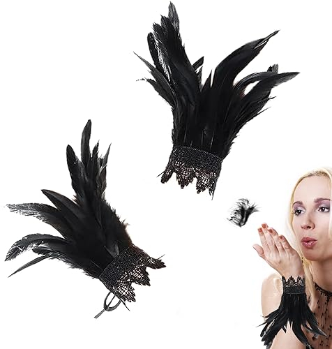 SPHERETRON Schwarze Federn Kostüm Feder Manschetten Gothic Schwarze Handschuhe Kostüm Feder Handschuhe Federn Schwarz Feder Manschetten Hand für Faschingsball Cosplay Party