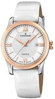 Candino Swiss Damenuhr Analog aus Leder Weiß | Quarzwerk, Widerstandsfähiges Saphirglas, Wasserdicht 5 ATM und Kalender C4737/2