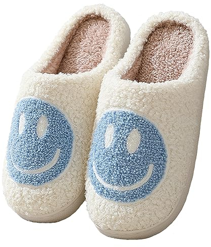 Meik Mangni Hausschuhe mit Fröhliches Gesicht Damen Herren Weicher Plüsch Hausschuhe Frauen Warme Pantoffeln,Blau Gr.44-45 EU/Sohlengröße 46-47
