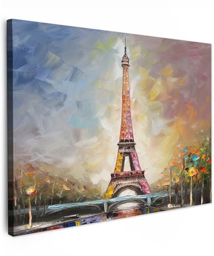 MuchoWow© Wandbilder 70x50 cm Schlafzimmer Home Deko Wohnung Bild Wohnzimmer Fotoleinwand Wand Bilder Leinwand Wall Decor Kunstdruck - Bunt - Eiffelturm - Gemälde - Öl - Paris