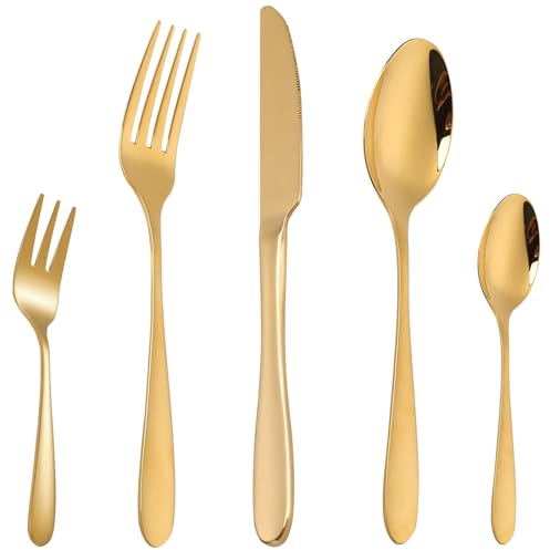 CAOPAOTI Besteck Gold 12 Personen, Besteckset Edelstahl 60 teilig, Essbesteck Set mit Messer Gabel Löffel, Elegantes Geschirr Sets für Hochzeit Party, Hochglanzpoliert/Spülmaschinenfest