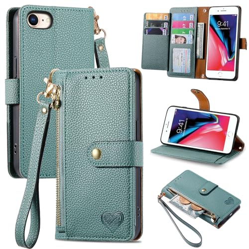 VEEMOS Zipper Wallet Case for Apple iPhone SE 2020 / SE 2022 5G / iPhone 7 / iPhone 8 Phone Case with Purse Card Holders RFID Blocking Leather Flip Case Book Cover Wrist Strap Women - Green